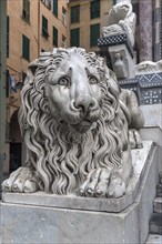 Large lion sculpture in front of San Lorenzo Cathedral, Piazza San Lorenzo, Genoa, Italy, Europe