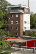 Signal box, Deutsche Bahn commuter train on the platform, Dülmen, Münsterland, North