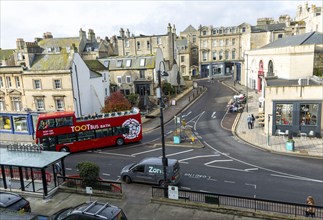 Open top double decker tour bus, Walcot Street, Bath, Somerset, England, UK