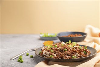 Quinoa porridge with green pea and chicken on ceramic plate on a gray concrete background and