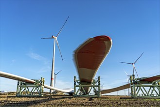 Wind farm near Bad Wünnenberg, construction site, toothing on the rotor blades, so-called