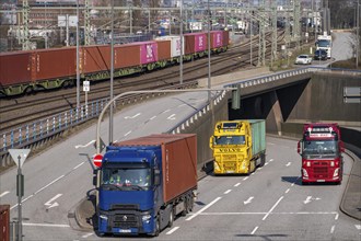 Port of Hamburg, Waltershofer Hafen, goods train with containers brings and collects freight