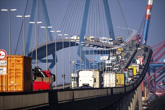 Traffic on the Köhlbrand Bridge in the port of Hamburg, spans the 325 m wide Köhlbrand, an arm of