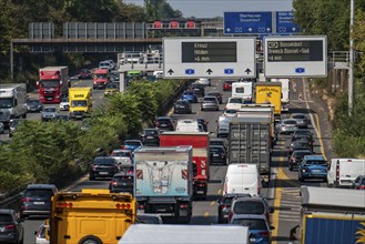 Traffic jam on the A3 motorway, over 8 lanes, in both directions, in front of the Leverkusen