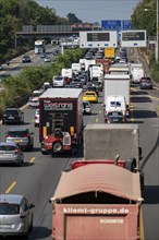 Traffic jam on the A3 motorway, over 8 lanes, in both directions, in front of the Leverkusen