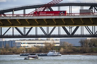 Beeckerwerther Brücke, motorway bridge, A42, truck, Haus-Knipp railway bridge, cargo ship on the