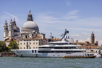 Exclusive private yachts moored on the Canale della Giudecca off Venice, Venice, Italy, Europe