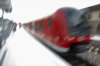 Regional train pulls into Haßfurt station, Lower Franconia, Bavaria, Germany, Europe