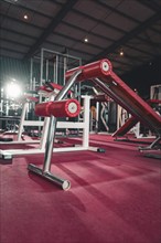 Fitness studio with modern training equipment in red and steel standing on the floor, Historic