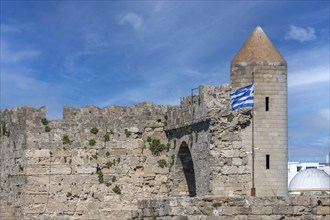 Historic fortress walls, De Naillac Tower, Rhodes Town, Rhodes, Dodecanese, Greek Islands, Greece,