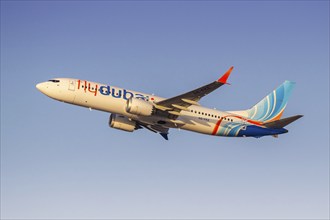 A Boeing 737 MAX 8 aircraft of FlyDubai with the registration A6-FKE at the airport in Dubai,