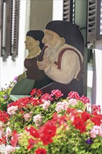 Traditional wooden bench, arts and crafts, flowers, summer, Garmisch-Partenkirchen, Bavaria,