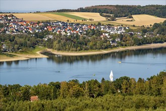 Lake Möhne, reservoir in the northern Sauerland, the village of Körbecke on the northern shore,