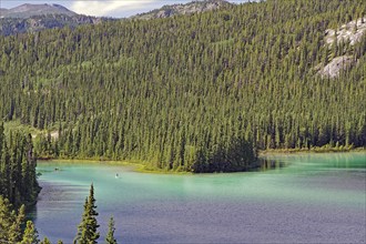 Paddlers on turquoise green lake on wooded slopes, summer, Emerald Lake, Yukon Territory, Canada,