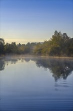 Sunrise with fog, Mühlweiher at Reutberg Monastery, Sachsenkam, Tölzer Land, Alpine foothills,