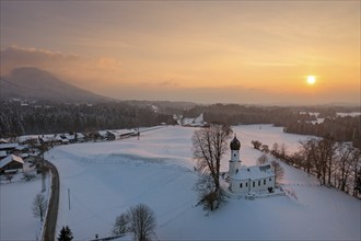 Sunset, Church of the Visitation of the Virgin Mary in winter, Oberbuchen, drone shot, Tölzer Land,