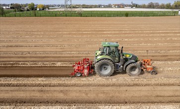 A farmer builds asparagus ridges on a field with the help of an asparagus tiller, in which the