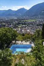 View of Merano from the mountain station of the chairlift to Dorf Tyrol, Hotel Pool, South Tyrol,