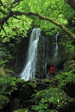 A woman looks at the Matai Falls in New Zealand, Otago, South Island, New Zealand, Oceania