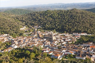 Overhead oblique angle view of village of Alajar, Sierra de Aracena, Huelva province, Spain, Europe