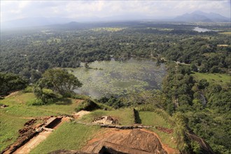 View of lake and forest from rock palace, Sigiriya, Central Province, Sri Lanka, Asia