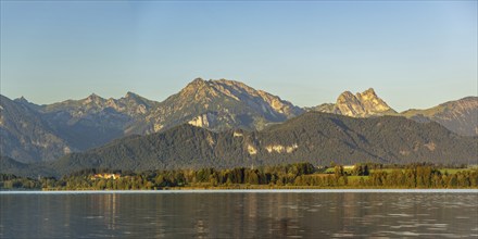 Panorama over the Hopfensee, Ostallgäu, behind it the Tannheimer mountains with the Aggenstein,