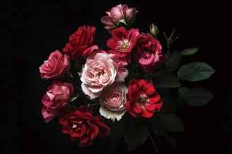 Flower bouquet with pink and red roses on dark background. Generative ai, AI generated