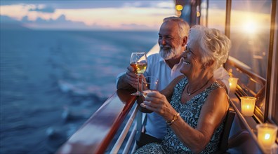 Happy senior romantic couple celebrate onboard of luxury cruise ship with glass of wine at sunset,