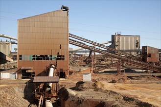 Heavy industry conveyor belts of opencast mineral extraction in the Minas de Riotinto mining area,