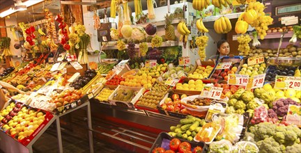 Fruit and vegetable stall in historic market building in Triana, Seville, Spain, Europe