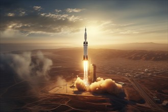 Aerial view of a rocket launch at sunrise sunset over an ocean coast. The rocket is blasting off