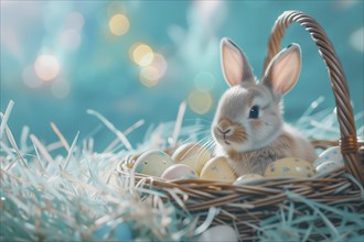 Cute Easter bunny sits beside a basket filled with colorful, decorated eggs amidst a vibrant green