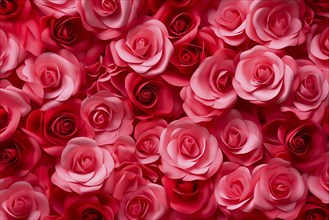 Valentine day background of close-up view of a beautiful mix of pink roses, symbolizing love and