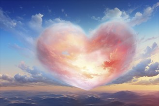 Painting of a heart-shaped cloud illuminated by the warm hues of sunset, floating above a serene