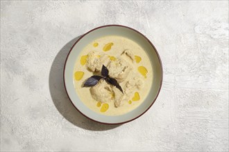 Overhead view of plate with pieces of chicken stewed in walnut sauce