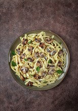 Fettuccine with champignons, basil, in cream sauce, homemade, no people