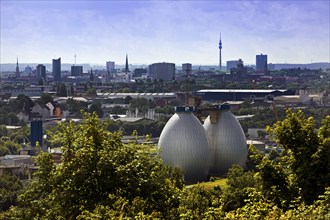 City panorama from Deusenberg with digesters and Florianturm, Dortmund, Ruhr area, North