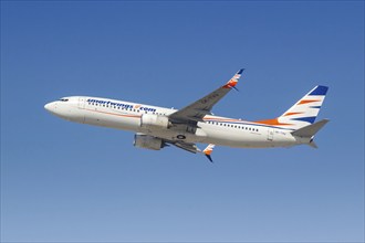 A Boeing 737-800 Smartwings aircraft with the registration OK-TVU at the airport in Dubai, United