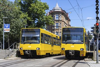 Stuttgart city railway vehicles of type DT 8 public transport on line U15 at the Eugensplatz stop