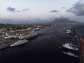 Naples Ferry Terminal at night from a drone, Molo Immacolatella Vecchia, Naples, Campania, Italy,