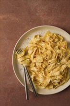 Fettuccine, tagliatelle, in creamy garlic sauce, Italian traditional cuisine, pasta carbonaro