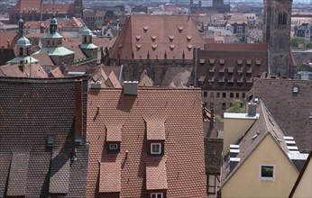 View of the roofscape of the historic city centre from the castle's parapet, Nuremberg, Middle