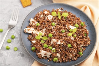 Quinoa porridge with green pea and chicken on ceramic plate on a gray concrete background and