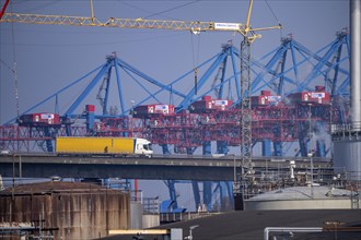 Ramp of the Köhlbrand Bridge in the Port of Hamburg, behind the Container Terminal Tollerort, spans