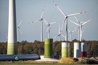 Construction site of a new wind turbine, modules of the tower, wind turbine from the manufacturer