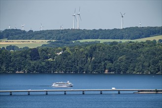 Lake Möhne, reservoir in the northern Sauerland, north-west bank, Delecker Bridge, excursion boat,