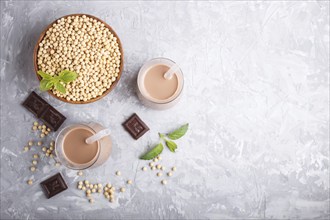 Organic non dairy soy chocolate milk in glass and wooden plate with soybeans on a gray concrete