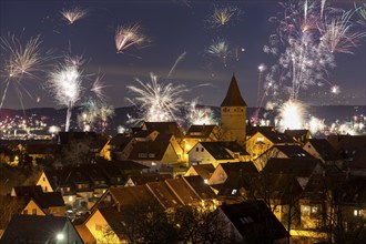 Fireworks on New Year's Eve, view of Korb-Steinreinach in the Rems valley, church tower, Rems-Murr