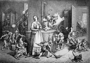 King Heinzelmann with Anna in the kitchen. According to legend, the Heinzelmännchen were house