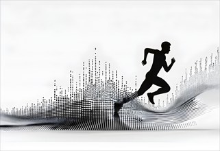 Wave of data points shaping into a runners silhouette, abstract illustration in black and white,